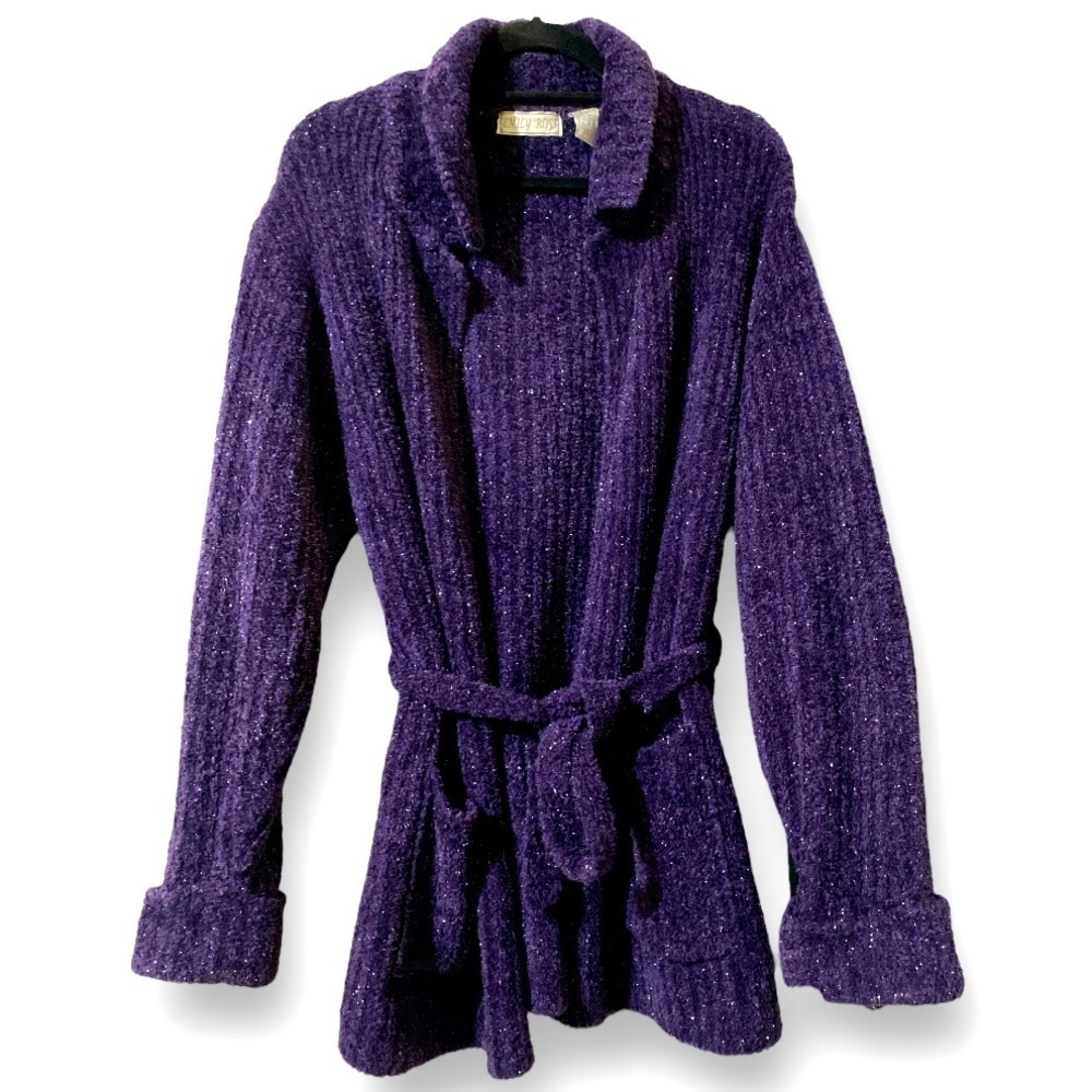 EMILY ROSE Belted Chunky Cardigan Sweater Women’s Size M Sparkling Purpl…
